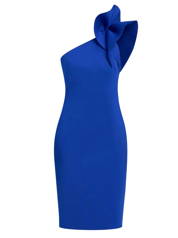 Gina Bacconi Asymmetric Dress with Frill Sleeve, Cobalt, 12