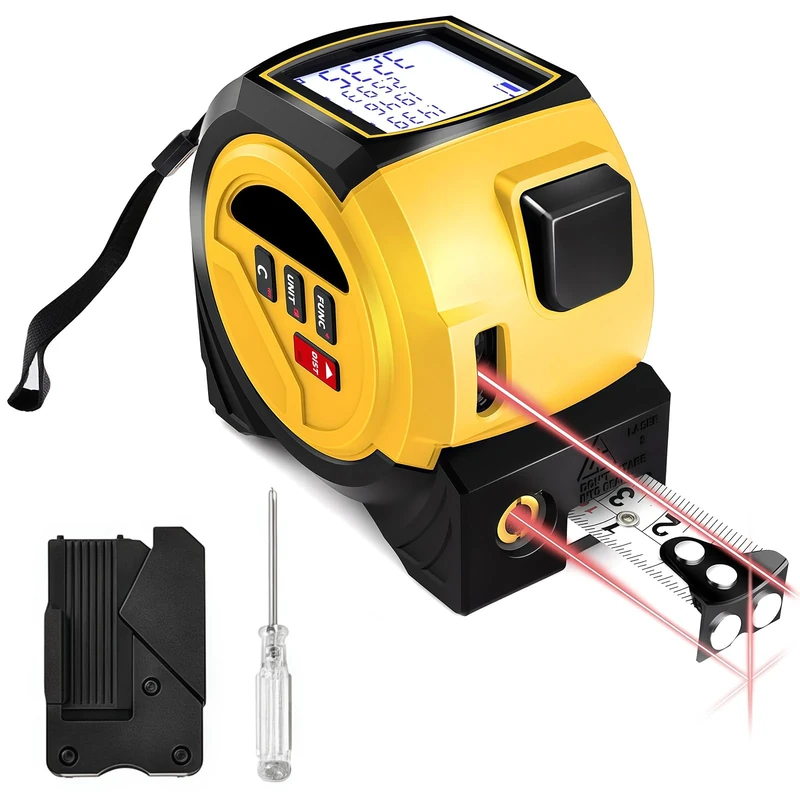 3-in-1 Laser Tape Measure, Cross Line Level, Digital Distance Meters 131ft/40m, Backlit LCD Display, Building Measurement Device, Pythagorean/Area/Volume Calculation & 5 m Tape Measure