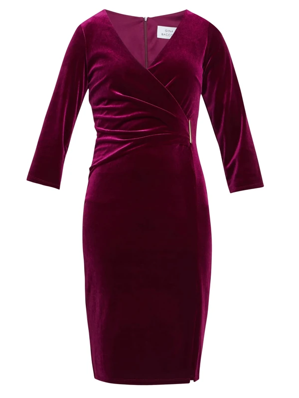 Gina Bacconi Velvet Dress with Gold Trim, Wine, 20