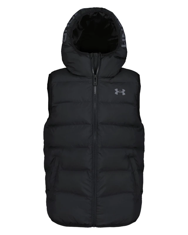 Under Armour Boys Water-Resistant Pronto Colourblock Puffer Jacket with UA Storm Technology – Lightweight Hooded Winter Coat with Snap Pockets, Ages 8-9, Black