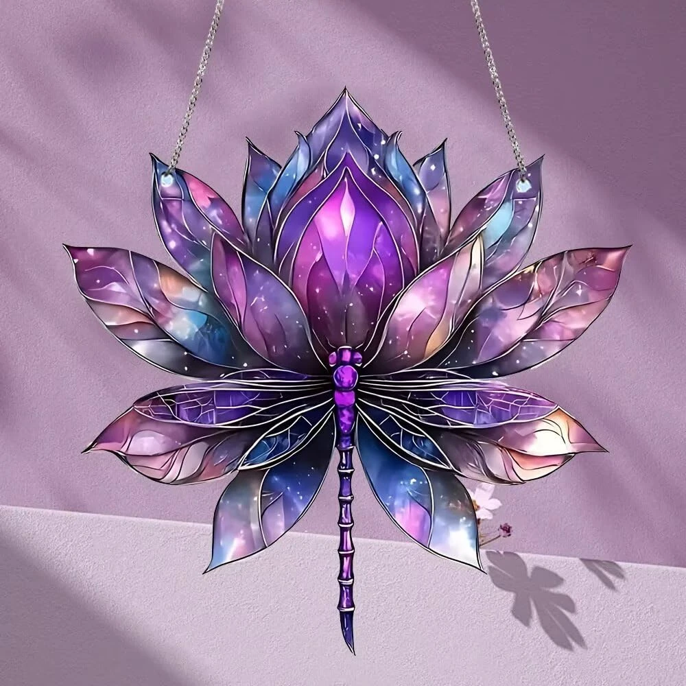 Colorful Acrylic Purple Lotus Dragonfly Suncatcher - Effect Glass Imitation Window Hanging Decor, Vivid Garden & Home Ornament, Ideal Gift for Nature Enthusiasts 1pcs