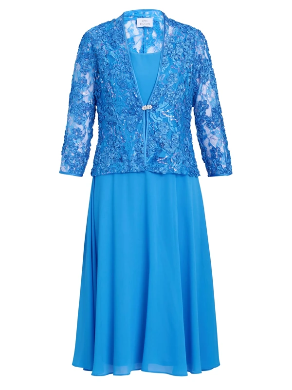 Gina Bacconi Women's Soutache Lace Jacket with Chiffon Dress Cocktail, Cobalt, 12
