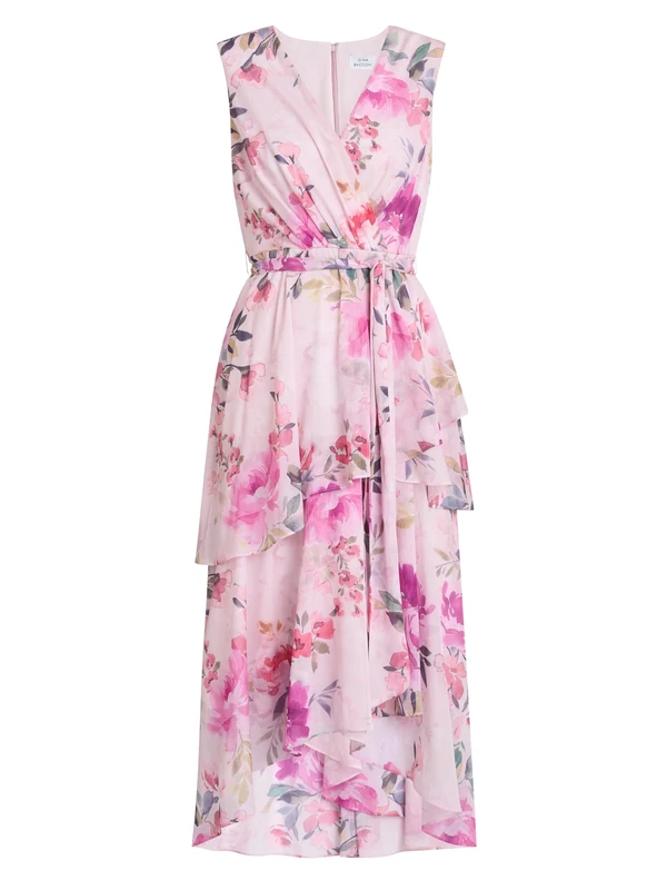 Gina Bacconi Floral Wrap Effect Hi-Low Dress, Pink, 22