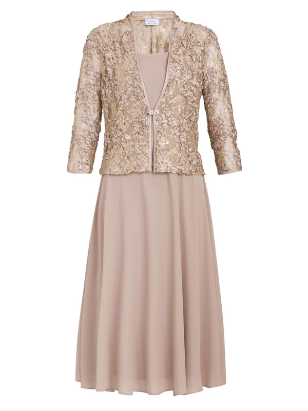 Gina Bacconi Women's Soutache Lace Jacket with Chiffon Dress Cocktail, Latte, 10