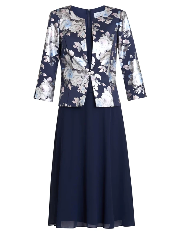 Gina Bacconi Floral Print Jacquard Jacket and Dress, Navy, 14