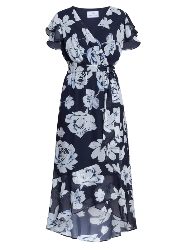 Gina Bacconi Women's Floral Chiffon Dress Cocktail, Navy/Multi, 20