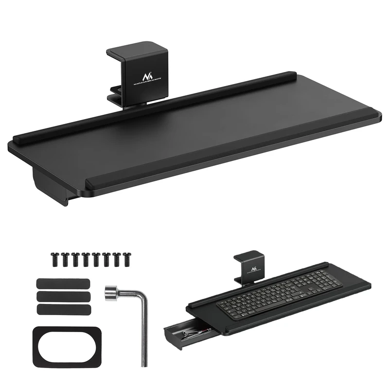 Maclean MC‑108 B Under Desk Keyboard Holder | Adjustable Tilt and Swivel + Wrist Rest & Tray | Clip Mount without Drilling | Compact Ergonomic Black Podium