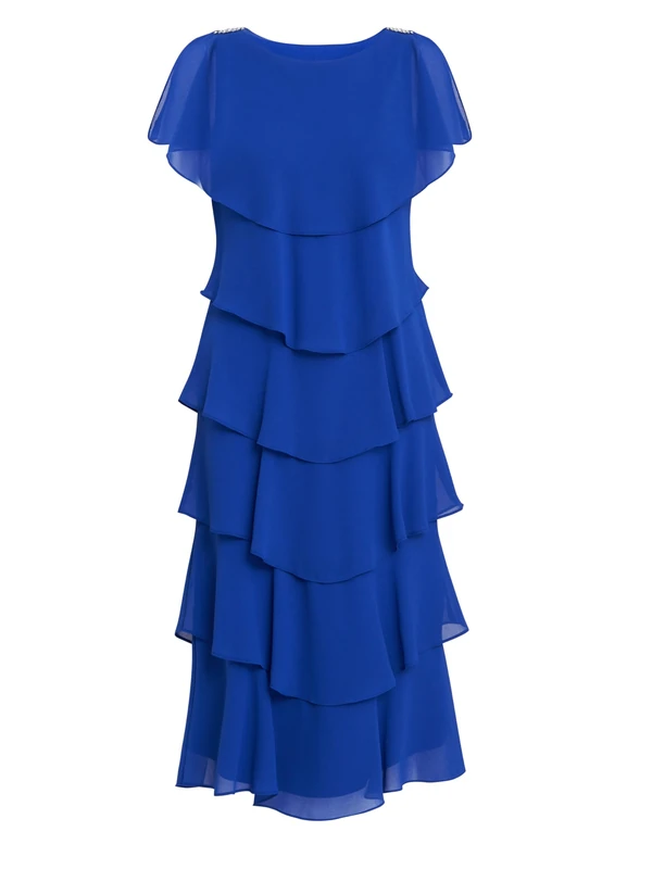 Gina Bacconi Women's Midi Tiered Dress with Shoulder Trim Cocktail, Cobalt, 22