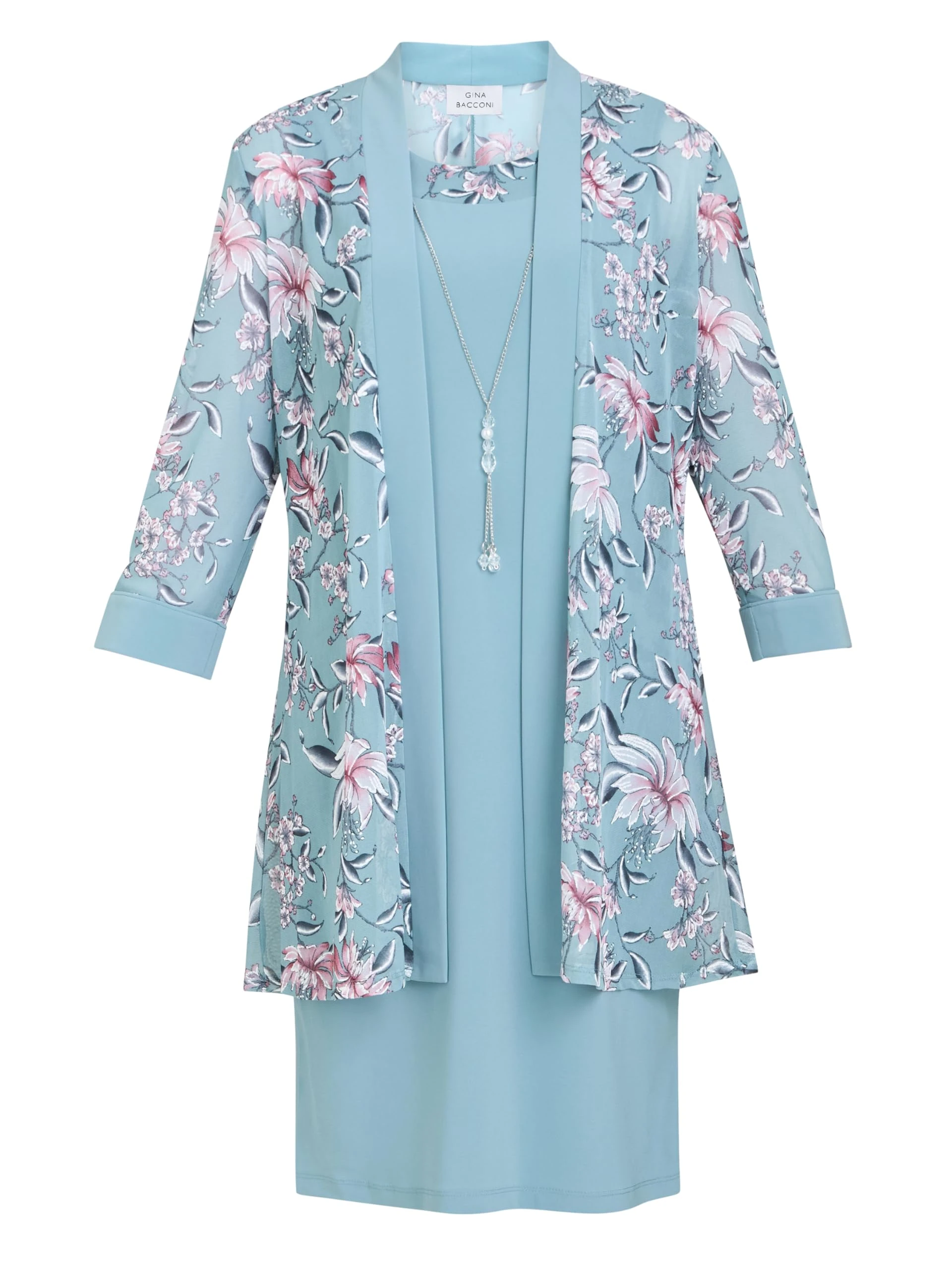 Gina Bacconi Women's Printed Dress and Jacket with Detachable Necklace Cocktail, Aqua, 18