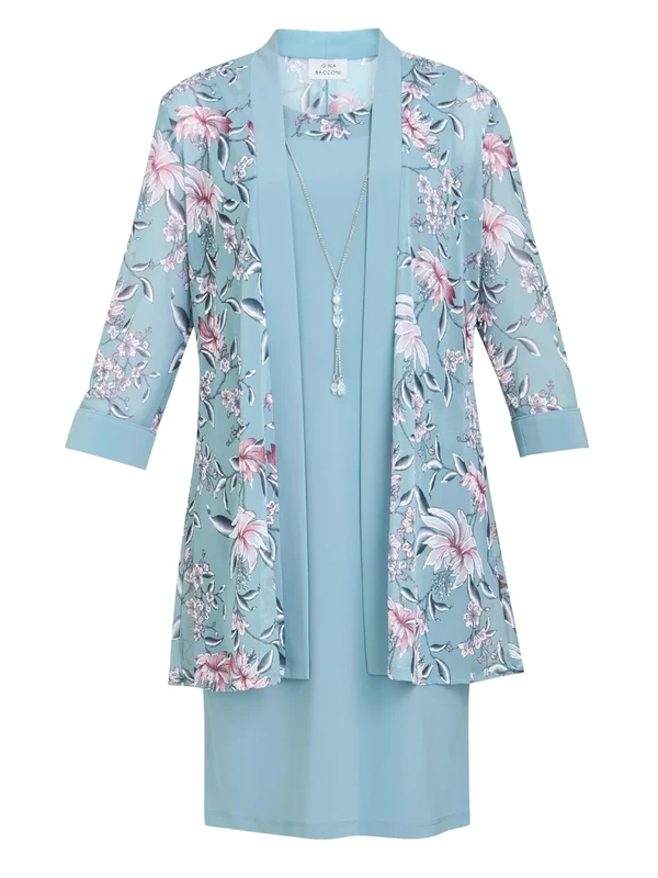 Gina Bacconi Women's Printed Dress and Jacket with Detachable Necklace Cocktail, Aqua, 12