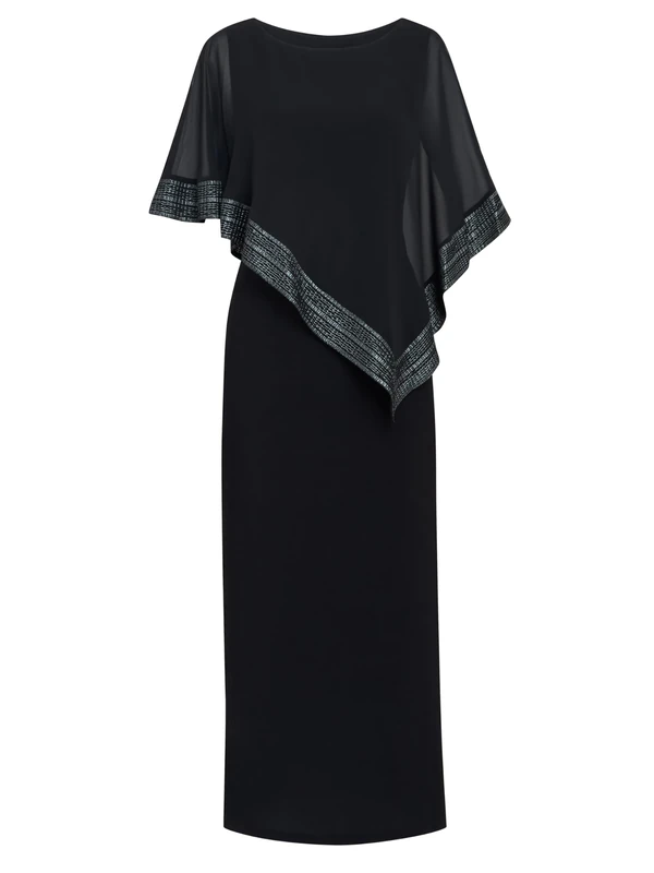 Gina Bacconi Women's Maxi Asymmetrical Cape Dress Cocktail, Black/Silver, 10