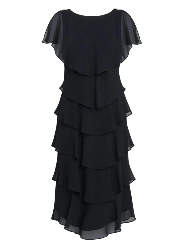 Gina Bacconi Women's Midi Tiered Dress with Shoulder Trim Cocktail, Black, 20