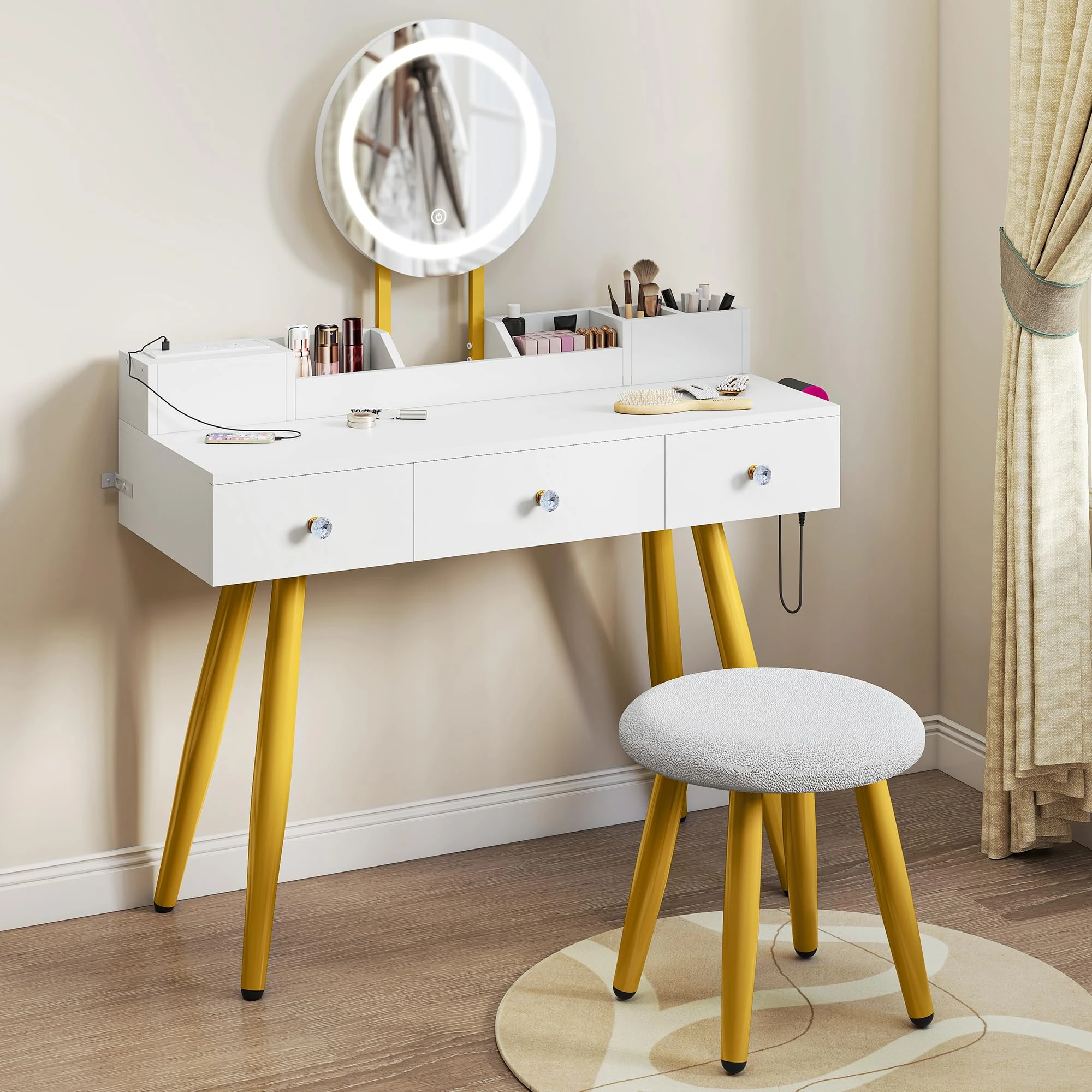 YITAHOME Dressing Table, Makeup Vanity with LED Mirror and Stool, 3 Drawers & Makeup Tray, Built-In AC & USB Outlets, Glossy Finish, Modern Dressing Table with Splayed Legs, 100×40×85cm, White