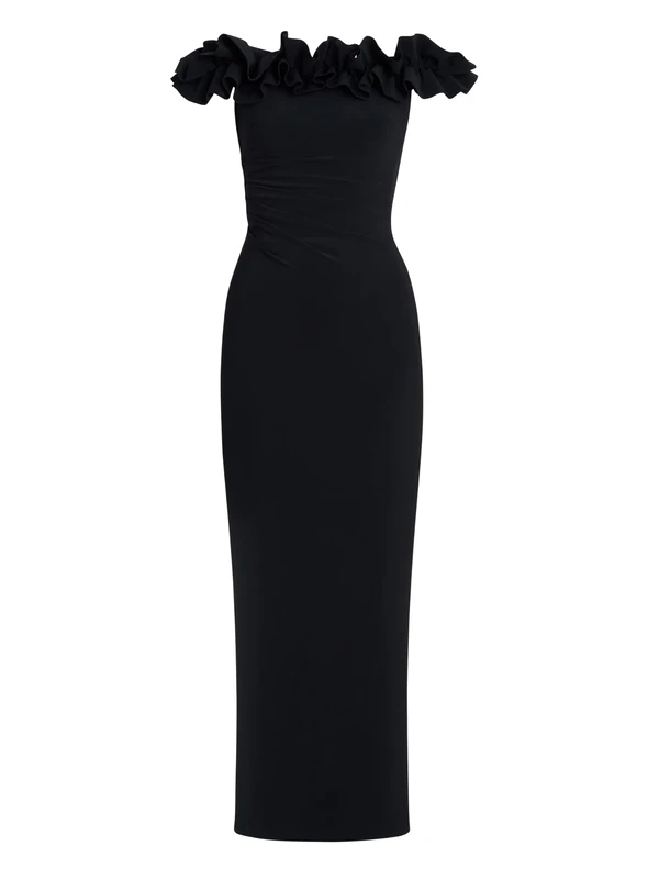 Gina Bacconi Women's Jersey Ruffle Neck Maxi Dress Cocktail, Black, 8