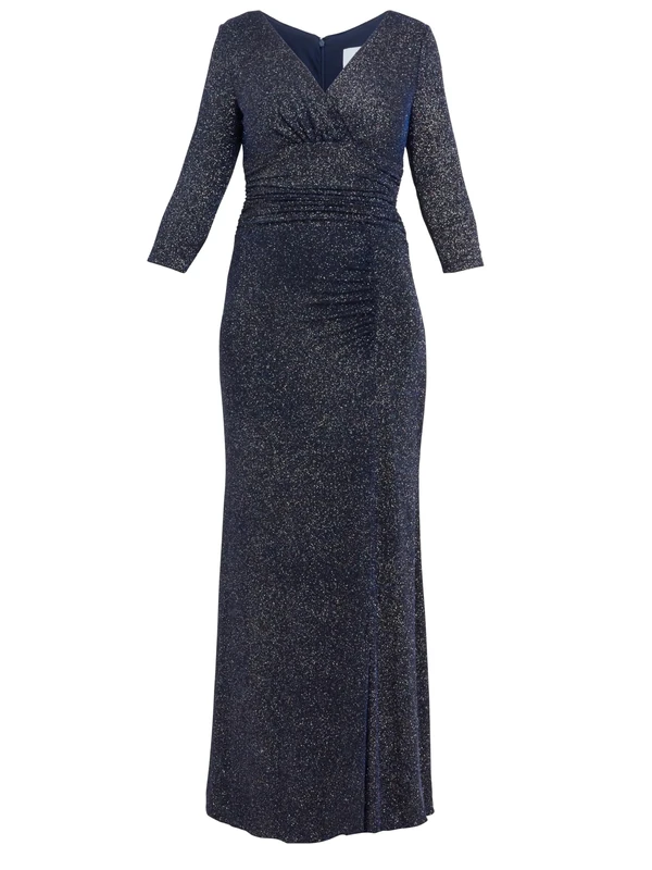 Gina Bacconi Women's Metallic Maxi Dress with Ruched Waist and Front Slit Cocktail, Navy, 10