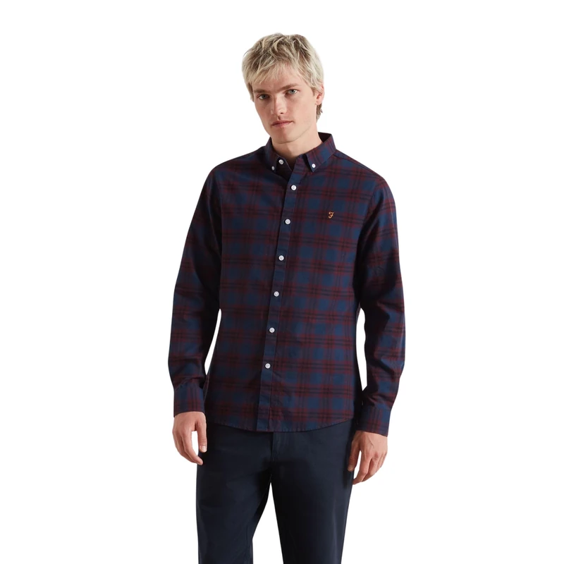Farah Men's Brewer Check Organic Cotton Long Sleeve Shirt, L, Bordeaux