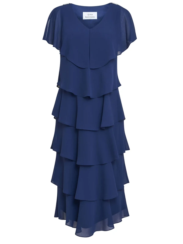Gina Bacconi Women's Midi Tiered Dress with Shoulder Trim Cocktail, Navy, 8