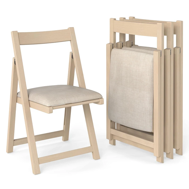 GiantexUK Folding Dining Chairs Set of 2/4, Rubber Wood Kitchen Chairs with Padded Seat & Curved Backrest, Foldable Side Accent Seating for Dining Living Room Restaurant (4PCS, Natural+Beige)