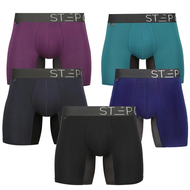 STEP ONE Bamboo Boxers Mens 5 Pack, Anti Chafing Underwear with 3D Pouch, Breathable Moisture Wicking Boxer Shorts for Men, No Ride Up Boxers for Sports & Daily Comfort - Medu