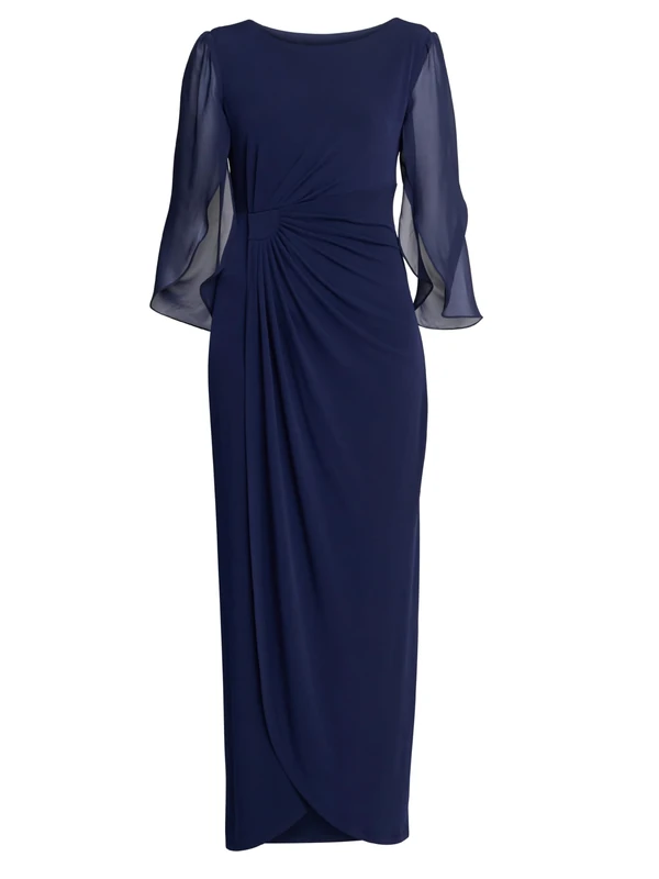 Gina Bacconi Women's Jersey and Chiffon Wrap Dress Cocktail, Navy, 8