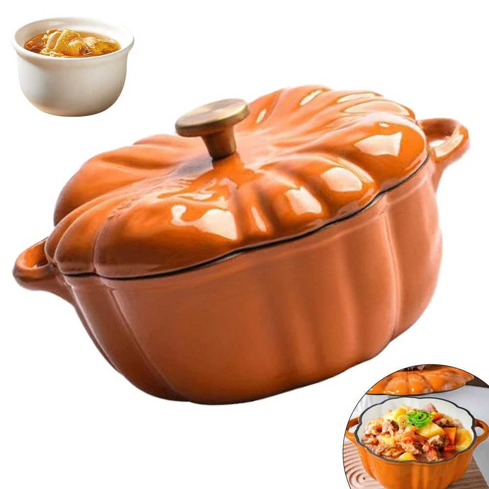 Enameled Cast Iron Dutch Oven with Lid,Pumpkin Shape Cooking Pot With Lid and Handles,1.5L/1.8L Cute Halloween Decor Pumpkin Pot, Pumpkin Casserole for Fall Thanksgiving Decor, Oven & Stove Safe