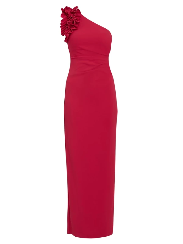 Gina Bacconi Ruffled One Shoulder Maxi Dress, RED, 14