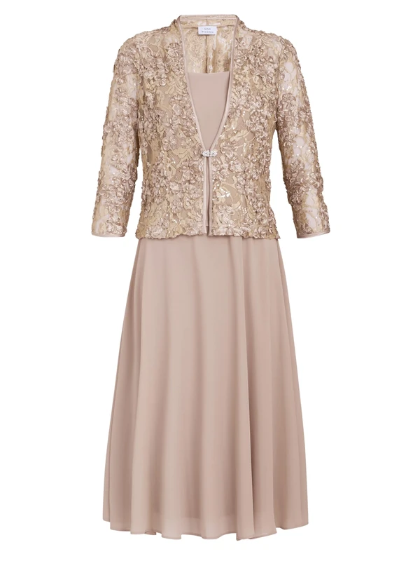 Gina Bacconi Women's Soutache Lace Jacket with Chiffon Dress Cocktail, Latte, 16
