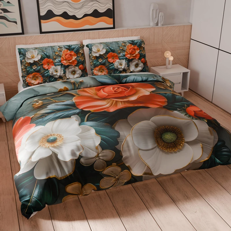 PETTI Artigiani Italiani - Double Duvet Cover Set 200 x 220 cm (2 Pillowcases 80 x 80 cm Included), Microfibre Duvet Cover Set with Digital Floral Print 05 18 - Made in Italy