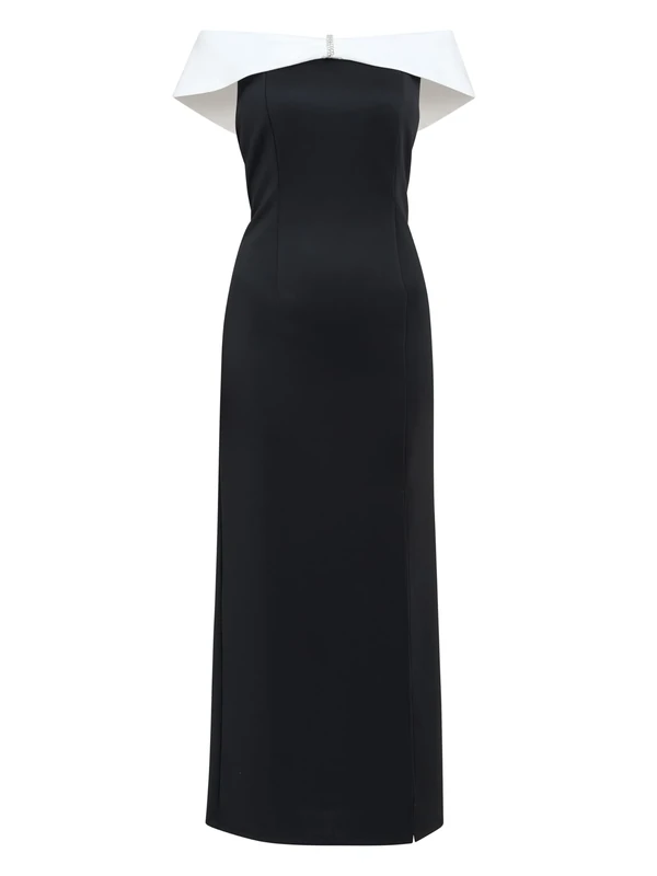 Gina Bacconi Off The Shoulder Maxi Dress with Trim, Black/Ivory, 10