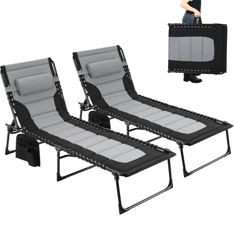 Clevich XXL Folding Deck Chair, Set of 2, 199 x 66 cm, Oversized Sun Lounger with 5-Way Adjustable Backrest, Garden Lounger with Pillow & Side Pocket, Camping Lounger up to 150 kg for Beach, Pool