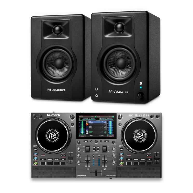 Numark Mixstream Pro Go DJ Controller and M-AUDIO BX4 Pair Bluetooth Studio Monitors for Studio Recording, Music Production, Podcasting, Streaming