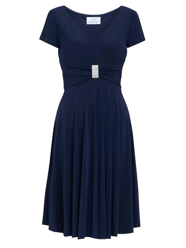 Gina Bacconi Jersey Cocktail Dress with Waist Embellishment, Navy, 18