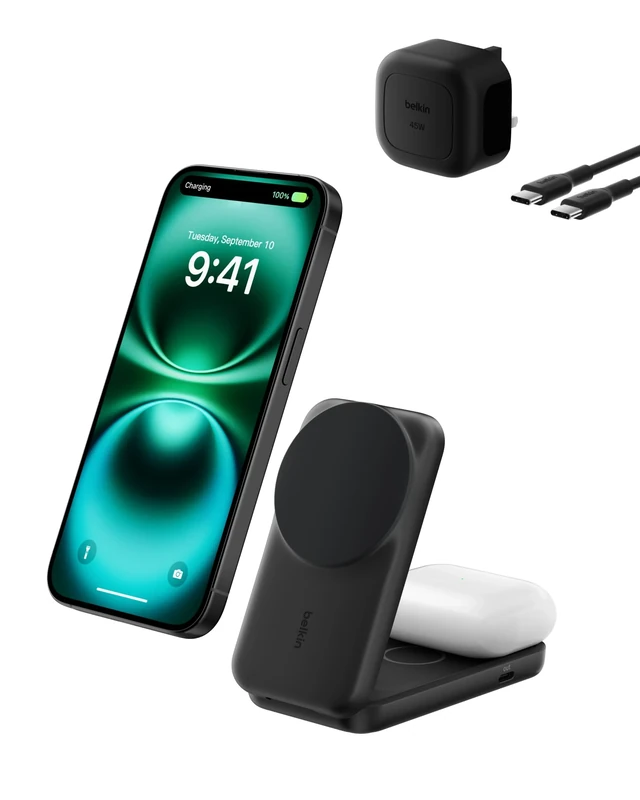 Belkin UltraCharge 2-in-1 Wireless Charger 25W, Qi2.2 Certified MagSafe Compatible Charger, Charging Station for iPhone 17, Air, AirPods, Pixelsnap, Magnetic Stand with USB-C Port, 45W Adapter - Black