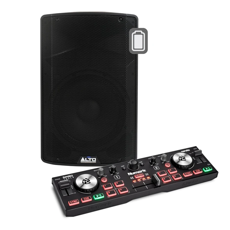 Numark DJ2GO2 Touch DJ Controller and ALTO TX412B Powered PA Speaker for Live Music, DJ sets, Events, Music production