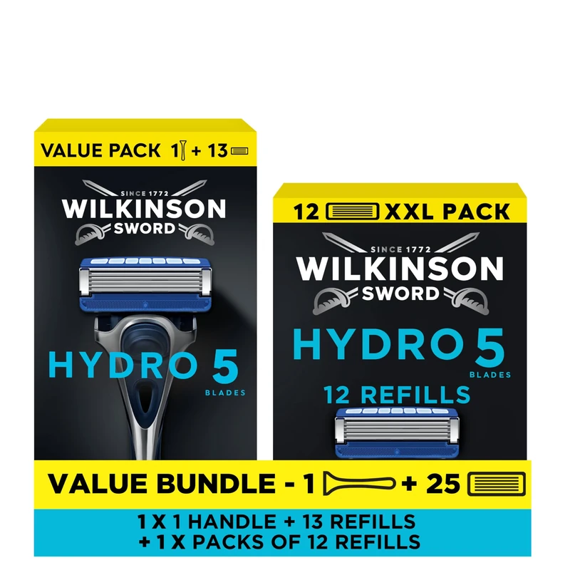 Wilkinson Sword Hydro 5 Skin Protection Razor, Carbon Coated 5 Blades, Hydrating Gel, Flip Trimmer, 1 Handle + 13 Refills, Men's + Wilkinson Sword Hydro 5 Men’s Razor Refills x 12