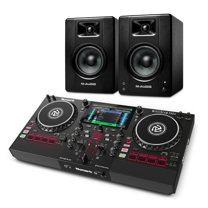 Numark Mixstream Pro+ DJ Controller and M-AUDIO BX4 Pair Studio Monitors for Studio Recording, Music Production, Podcasting, Streaming