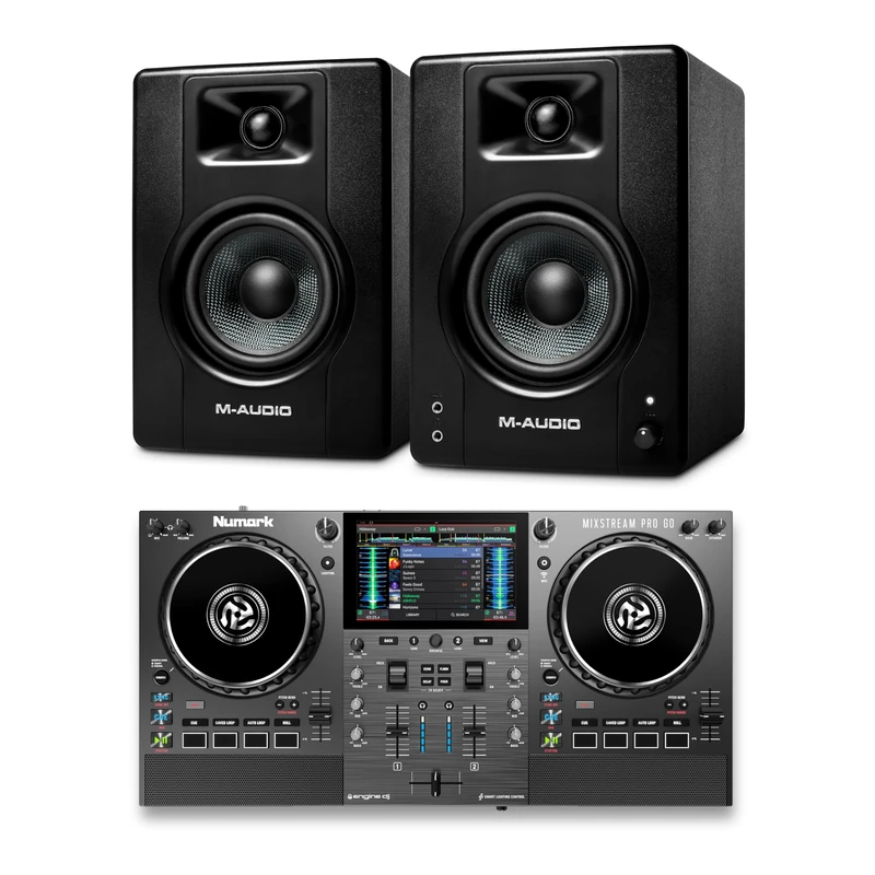 Numark Mixstream Pro Go DJ Controller and M-AUDIO BX4 Pair Studio Monitors for Studio Recording, Music Production, Podcasting, Streaming