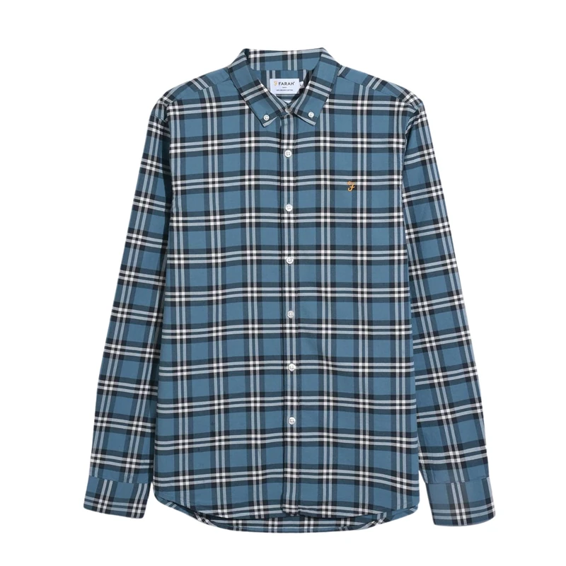 Farah Men's Brewer Check Organic Cotton Long Sleeve Shirt, S, Blue Tide