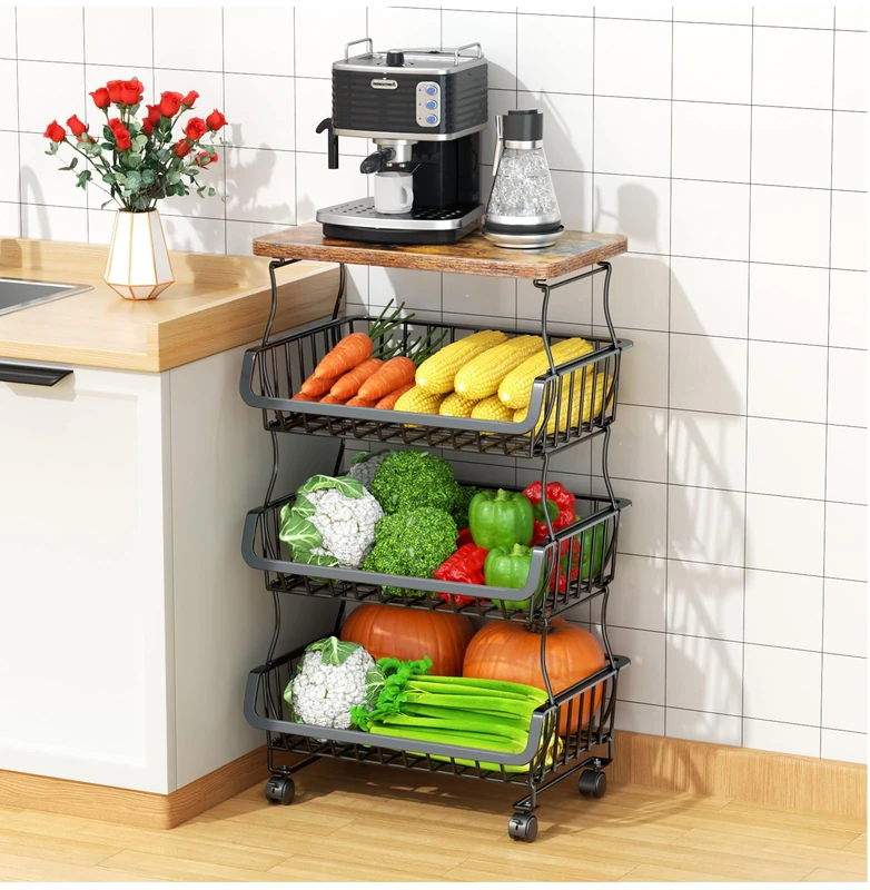 Casavibe 5 Tier Fruit Baskets for Kitchens,Multi-Use Rolling Shelving Unit for Kitchen Fruits Vegetables Dishes, Mobile Pantry & Bathroom Storage Organizer