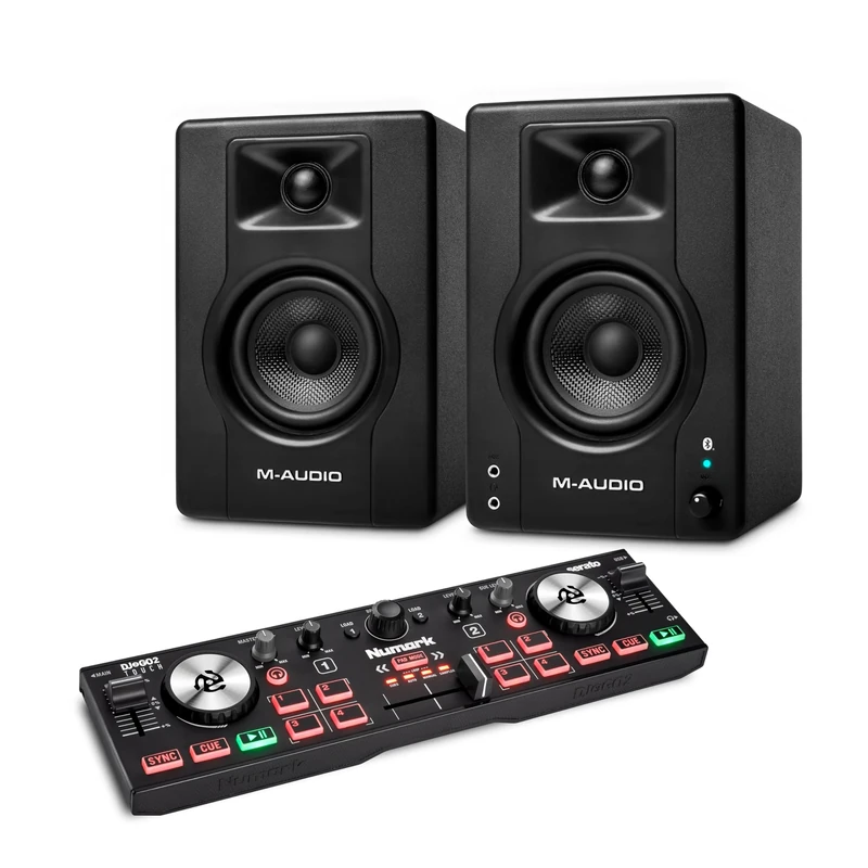 Numark DJ2GO2 Touch DJ Controller and M-AUDIO BX3 Pair Bluetooth Studio Monitors for Studio Recording, Music Production, Podcasting, Streaming