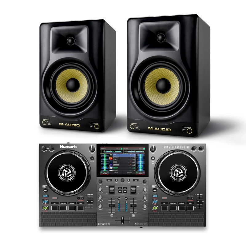 Numark Mixstream Pro Go DJ Controller and M-AUDIO Forty Eighty Pair Studio Monitors for Studio Recording, Music Production, Podcasting, Streaming