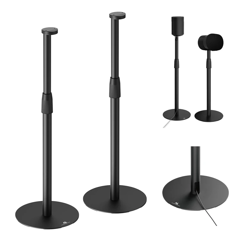 Maclean MC-496 Floor stand compatible with Sonos Era 100 and 300 | Adjustable 682-1068 mm | Cable management and stable base | Set of 2 black tripods