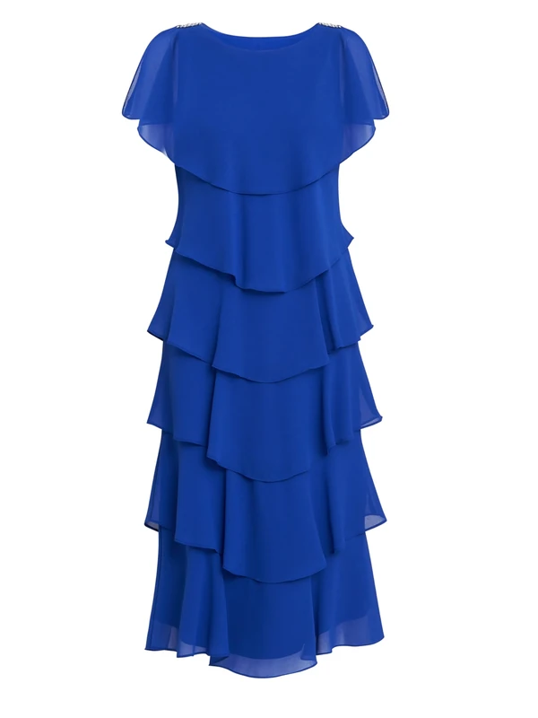 Gina Bacconi Midi Tiered Dress with Shoulder Trim, Cobalt, 18
