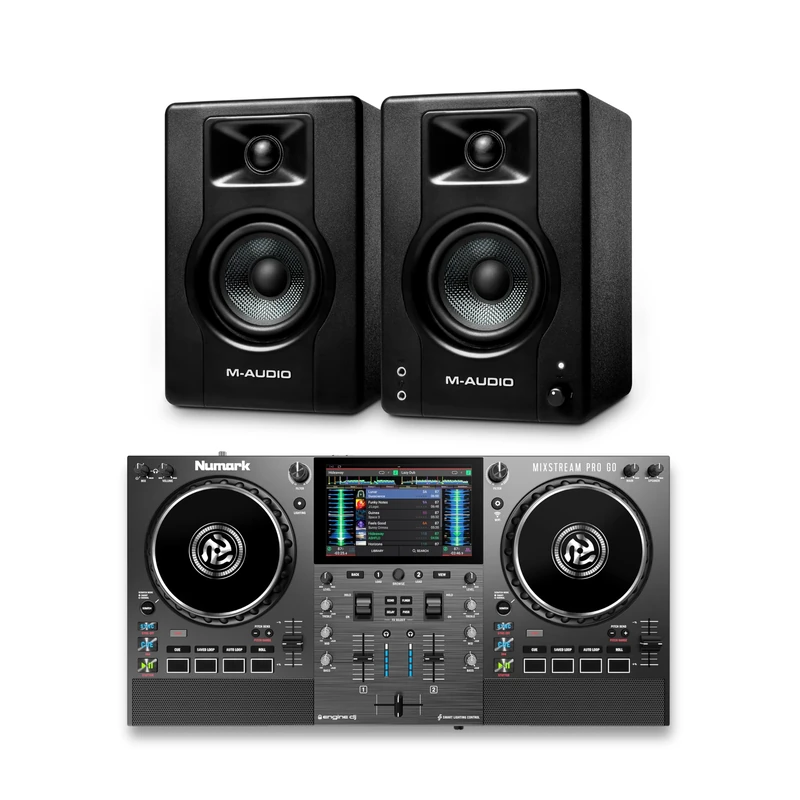 Numark Mixstream Pro Go DJ Controller and M-AUDIO BX3 Pair Studio Monitors for Studio Recording, Music Production, Podcasting, Streaming