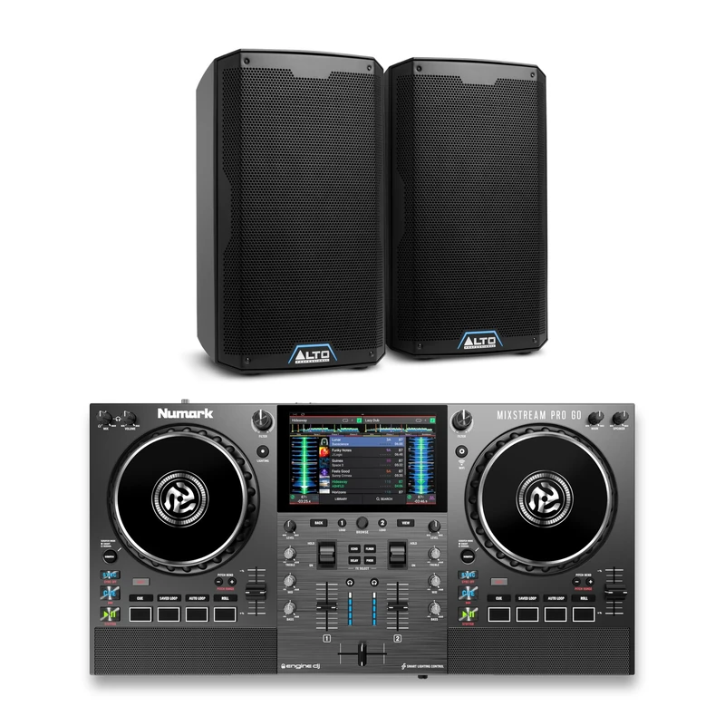 Numark Mixstream Pro Go DJ Controller and ALTO TS408 Powered PA Speakers Pair for Live Music, DJ sets, Events, Music production