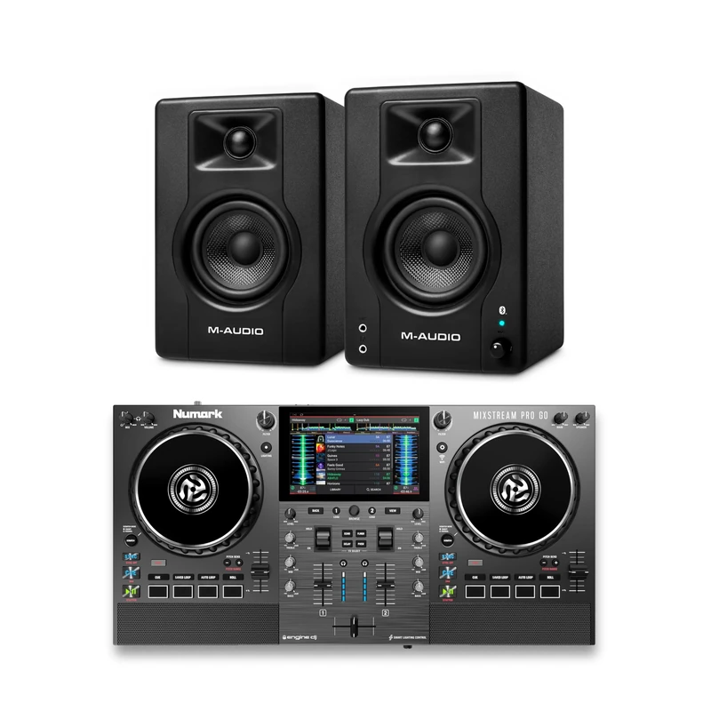 Numark Mixstream Pro Go DJ Controller and M-AUDIO BX3 Pair Bluetooth Studio Monitors for Studio Recording, Music Production, Podcasting, Streaming