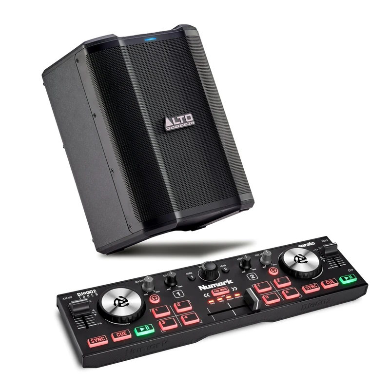 Numark DJ2GO2 Touch DJ Controller and ALTO BUSKER Powered PA Speaker for Live Music, DJ sets, Events, Music production