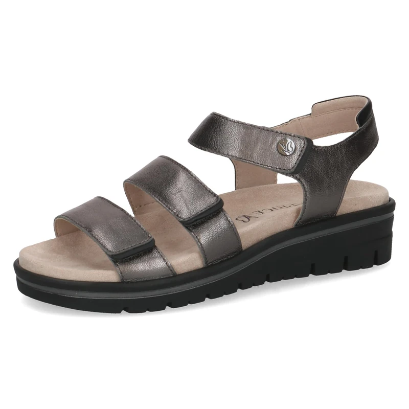 Caprice women's flat sandal in leather, Gray (DK GREY METAL.), 7.5 UK