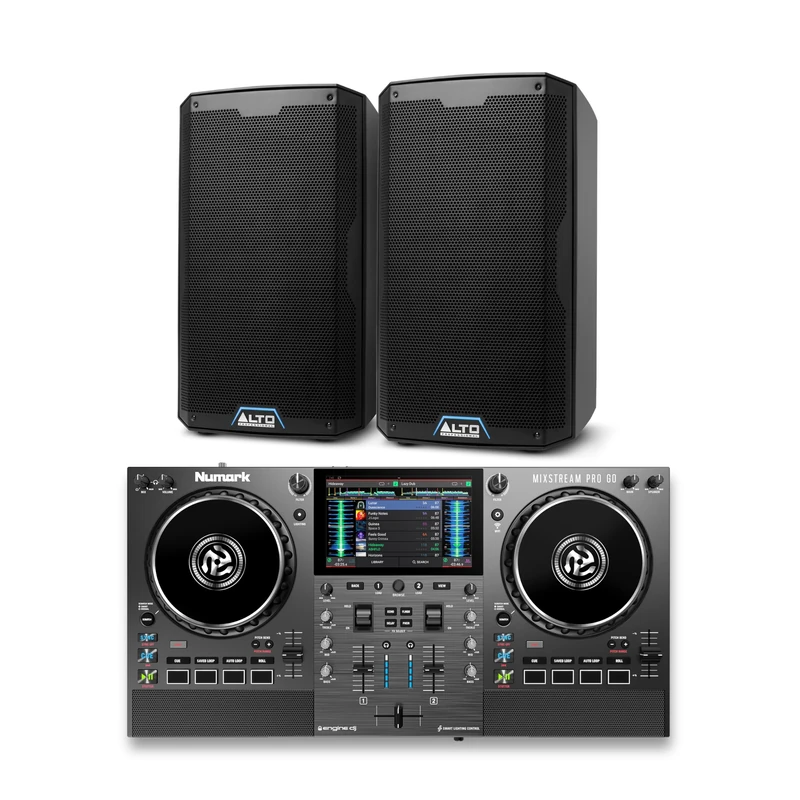 Numark Mixstream Pro Go DJ Controller and ALTO TS412 Powered PA Speakers Pair for Live Music, DJ sets, Events, Music production