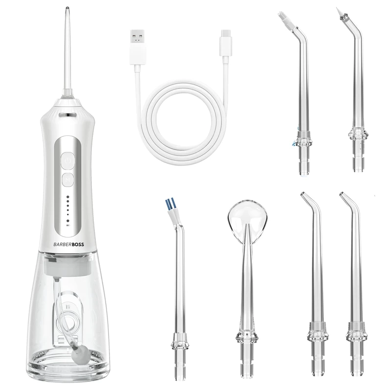 Barberboss Oral Irrigator, Electric Tooth Flosser, 5-Mode Water Flosser for Teeth, Interchangeable Jet Tips, 300ml Tank, LED Indicator, IPX7 Waterproof